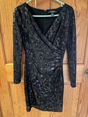 Lauren Ralph Lauren Black Sequin Wrap-Front Long Sleeve Dress